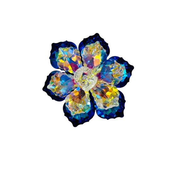 Sparkling Sapphire and Aurora Borealis crystal flower pin brooch - Picture 3 of 4